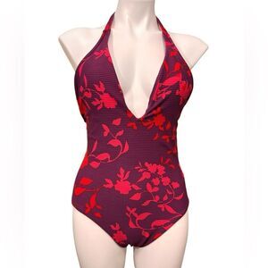 Sea Folly Florence Red Floral Halter Neck Swimsuit New Size 14 Deep Plunge